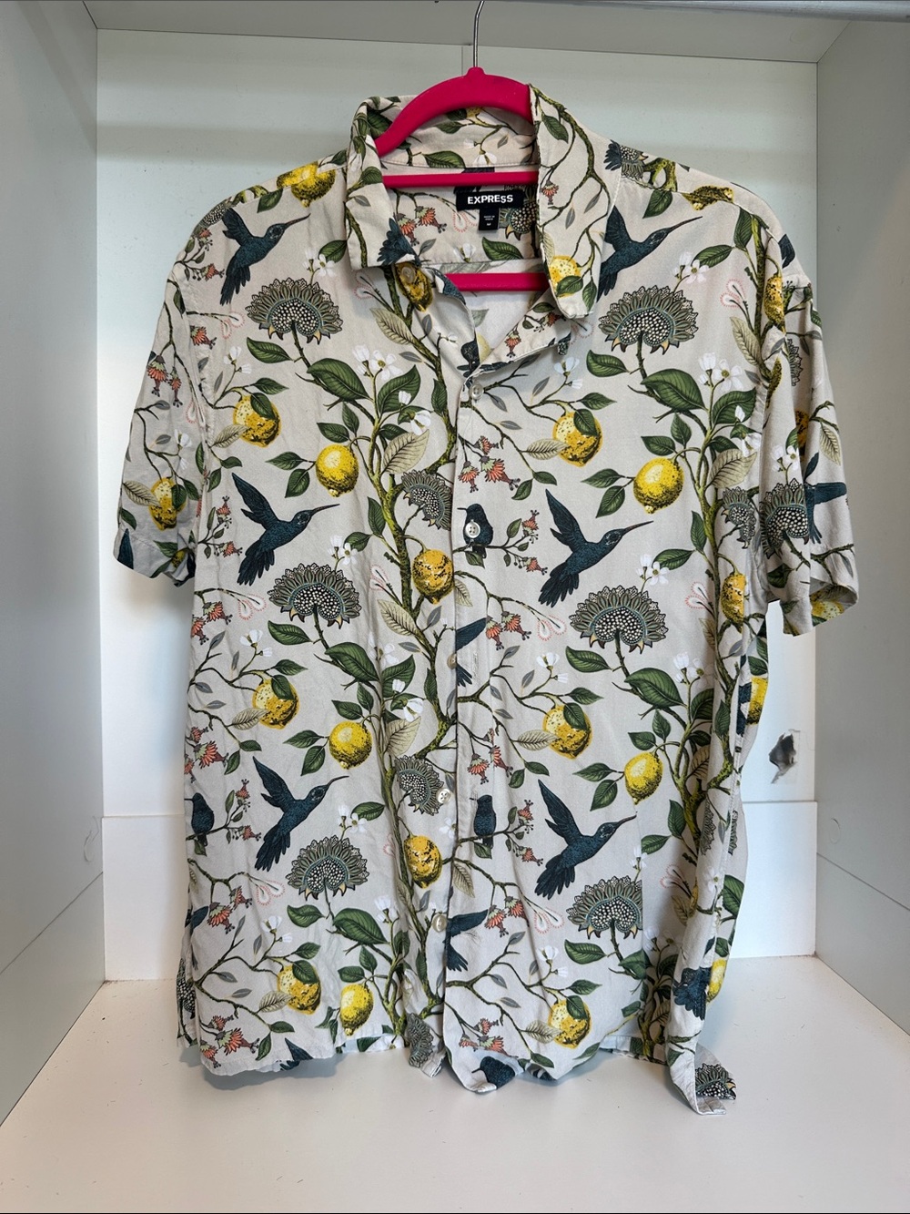 Express White Short-Sleeve Button-Down with Yellow Lemon & Navy Bird Print